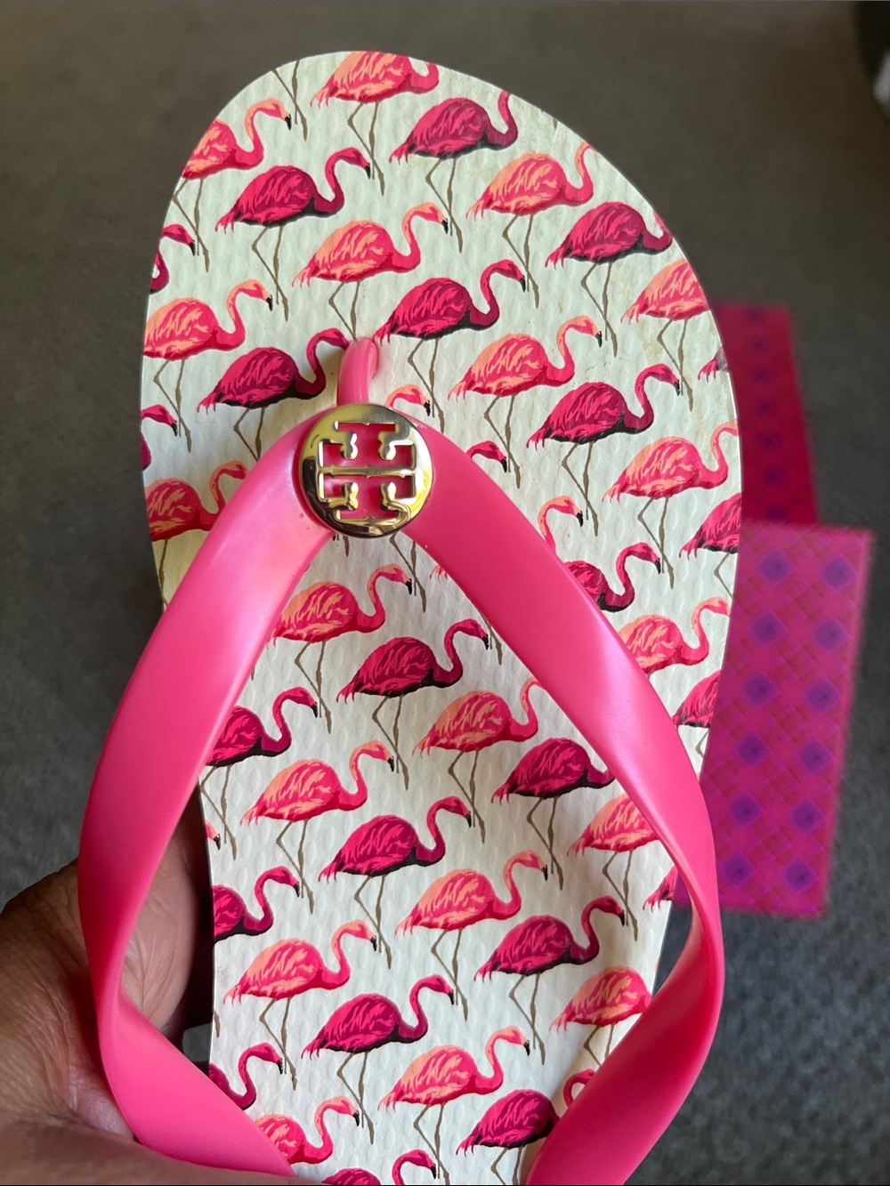 Tory Burch Pink Flamingo Print Logo Flip Flops - Picture 3 of 3